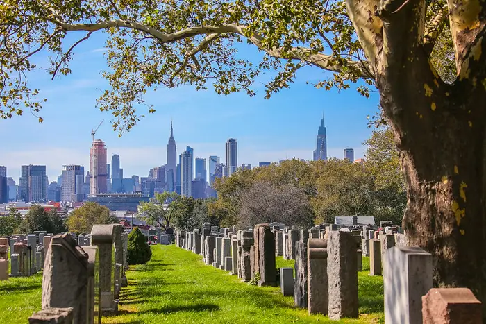 the Manhattan skyline seen from Calvary Cemetery